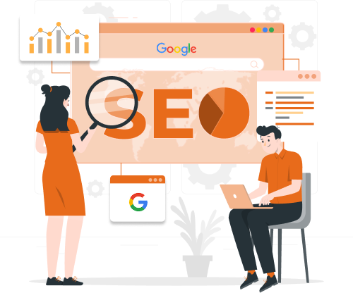 Two people analyzing SEO data with Google search visuals.