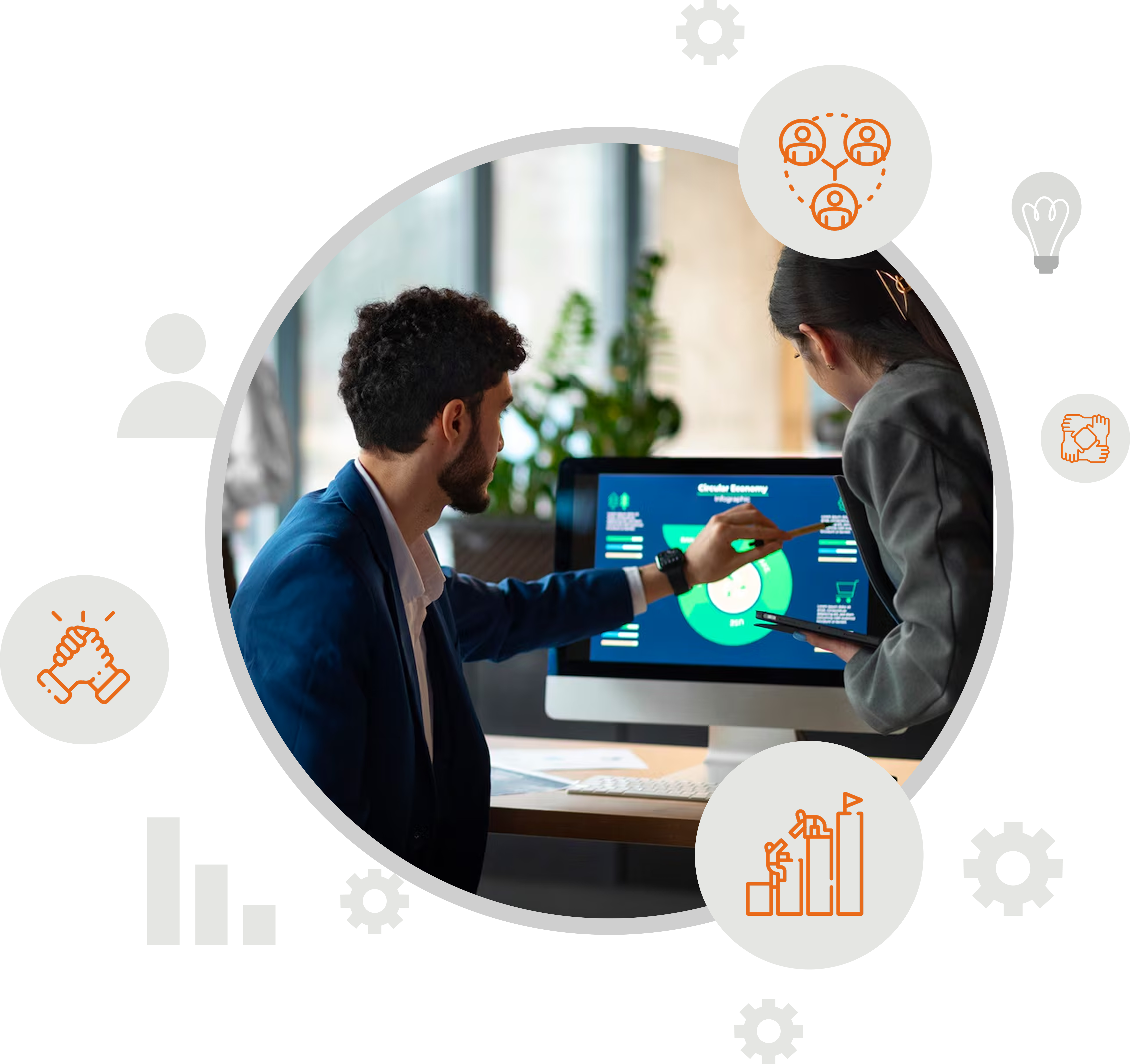 Two professionals discussing a digital marketing strategy on a computer screen