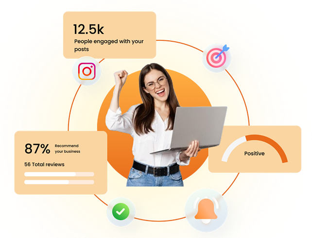 Happy girl with laptop celebrating social media engagement success.