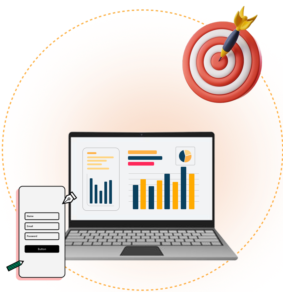 Laptop with charts, analytics icons, and business growth visuals.