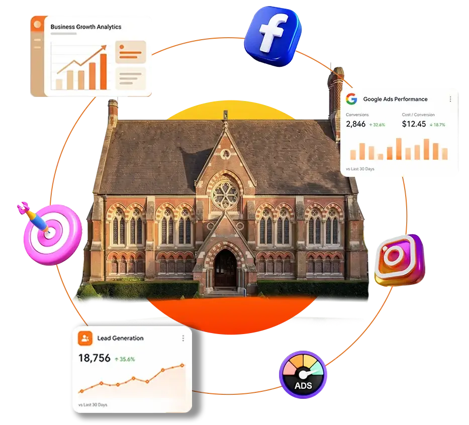 Laptop with charts, analytics icons, and business growth visuals.